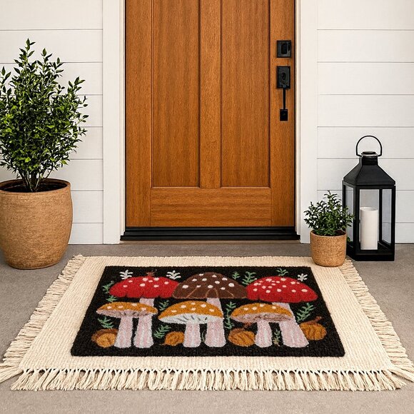 Funky Retro Vintage Polka Dot Mushroom 70's Y2K Coir Outdoor Welcome Mat Doormat - Picture 1 of 7